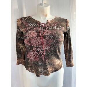 Skinny Minnie Y2K Graphic Lace Up Top Size M Brown Pink Dance Theme Boho Artsy